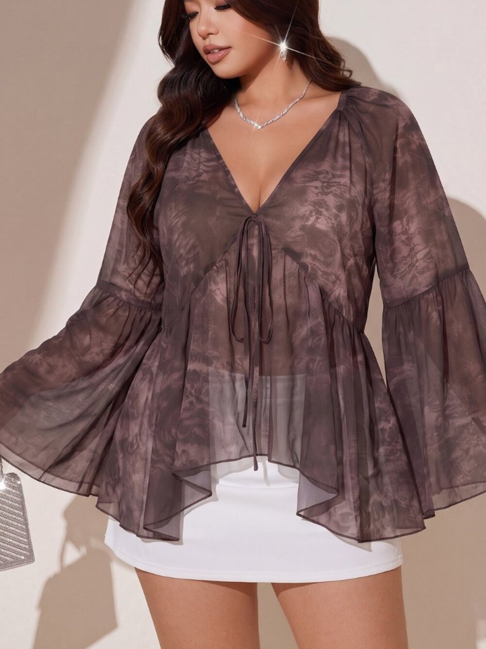Brown Boho Women's Plus Size French Romantic Style Tie Dye Print Chiffon Blouse